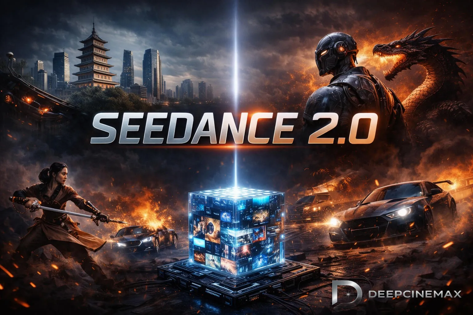 Постер Seedance 2.0: воительница с мечом, робот, дракон и спорткары вокруг светящегося куба с кадрами видео